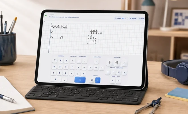 MathIt on a tablet: squared paper with fractions, roots and a long division