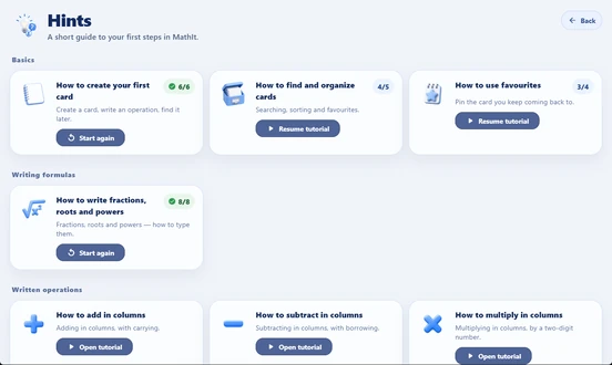 The Hints screen in MathIt: a list of walkthroughs with progress marked