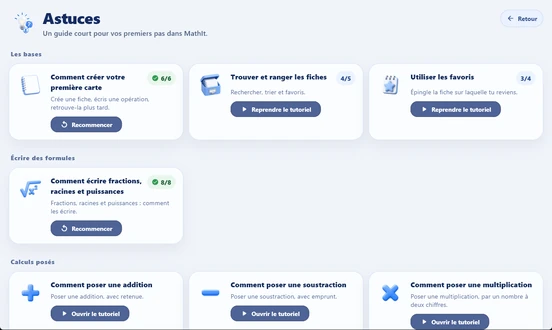 L’écran Conseils de MathIt : la liste des tutoriels avec leur progression