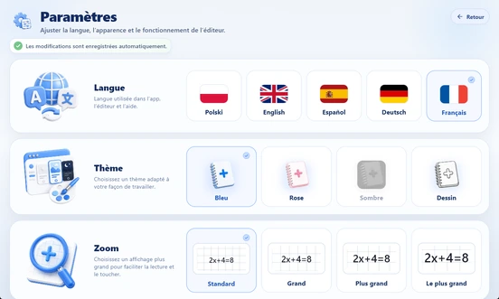 Réglages de MathIt : langue, thème et zoom