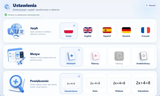 Ustawienia MathIt: język, motyw i powiększenie